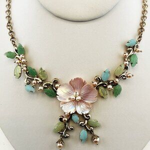 Whitney Kelly Necklace Floral Jade Mother Of Pearl Flower Carved Sterling Silver